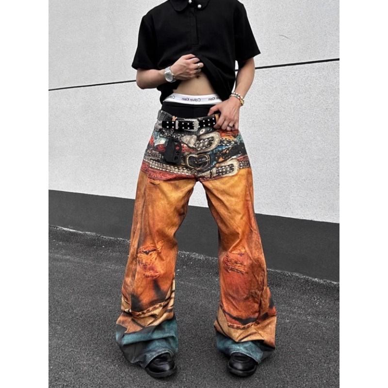 Yellow Streetwear Brand - بنطلون جينز رجالي فضفاض مستقيم من